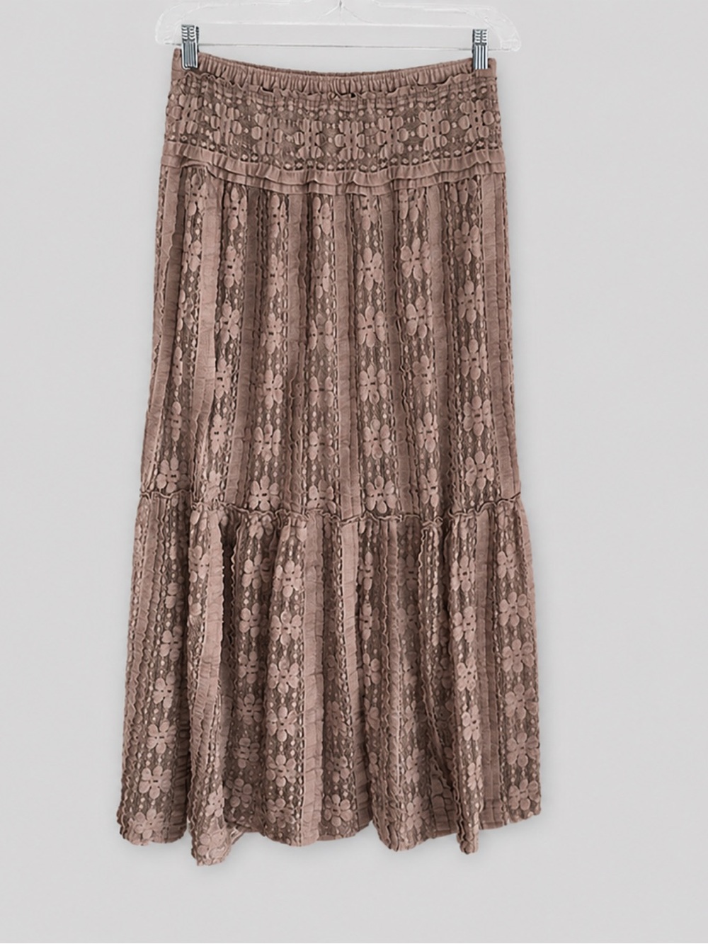 Max Edition Taupe Lace Tiered Midi Skirt
